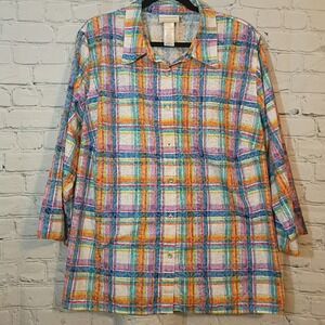 Alfred Dunner Woman Plaid Damask Button Front Shirt 3/4 Sleeve Multi Color 1X